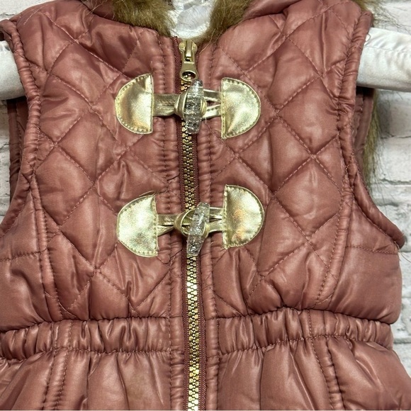 Little Lass Mauve Hooded Puffer Vest 3T Toddler Faux Fur Zipper Quilted - Picture 3 of 14